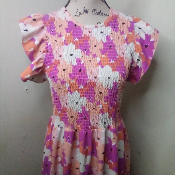 Michelle McDowell Dress Women M ? Short Ruffle Sleeve Smocked Floral Pink Orange - Picture 4 of 16